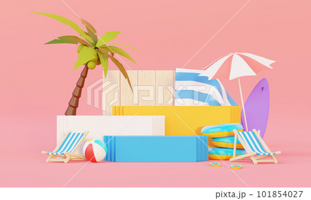 Summer vacation beach abstract background concept, Minimal Realistic Display Podium for Product mock-up or Cosmetics with summer theme, beach umbrella, sand, chairs, inflatable ring. 3d rendering 101854027