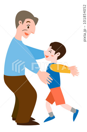 こどもの日や敬老の日シーンに最適なおじいちゃんと胸に飛び込む男の子の人物カットイラスト_横向き 101854052