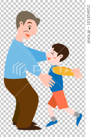 こどもの日や敬老の日シーンに最適なおじいちゃんと胸に飛び込む男の子の人物カットイラスト_横向き 101854052
