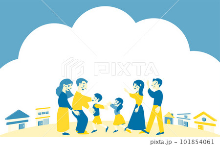 空と街が描かれたコピースペースのあるおじいちゃんおばあちゃんと笑顔の3世代家族・子育て世帯の帰郷 空と街が描かれたコピースペースのあるおじいちゃんおばあちゃんと笑顔の3世代家族・子育て世帯の帰郷 101854061