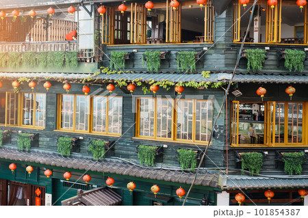 Jiufen Old Street village with Tea House. landmark and popular for tourists attractions near Taipei city. Taiwan Travel and Vacation concept. Letters With Means Tea shop 101854387