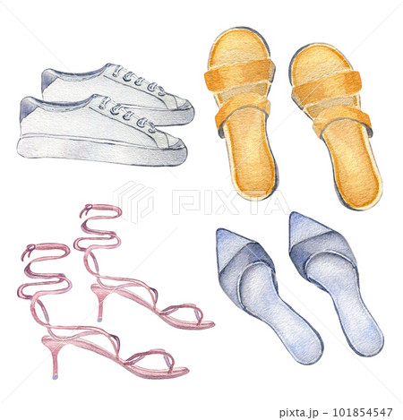 Set of woman's summer accessories watercolor illustration isolated on white. Various of shoes, white sneakers, orange sandals hand drawn. Design for shop, sale, magazine, packaging, showcase, pattern 101854547