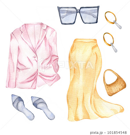 Set of woman's summer clothes watercolor illustration isolated on white. Woman's stylish outfit of jacket, skirt, glasses hand drawn. Design for shop, sale, magazine, packaging, showcase, pattern 101854548