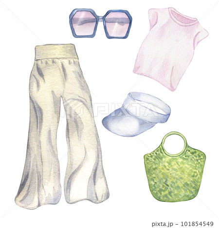 Set of woman's summer clothes watercolor illustration isolated on white. Woman's stylish outfit of T-shirt, trousers, glasses hand drawn. Design for shop, sale, magazine, packaging, showcase, pattern 101854549