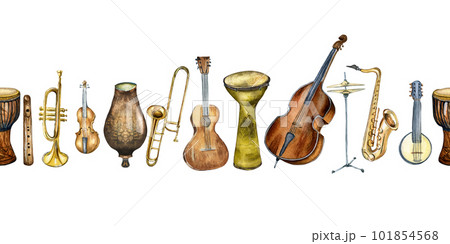 Seamless board of various musical instruments watercolor illustration isolated. Seamless board of various musical instruments watercolor illustration isolated. 101854568