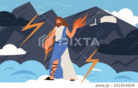 Zeus figure. Ancient Greek god. Devine religious character throws fire and lightning from Olympus. Titanomachy legend. Mythological Roman Jupiter. Greece deity. Garish vector concept Zeus figure. Ancient Greek god. Devine religious character throws fire and lightning from Olympus. Titanomachy legend. Mythological Roman Jupiter. Greece deity. Garish vector concept 101854608