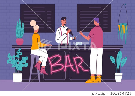 Bar interior people. Patrons order beverages. Friends pub. Professional bartender at work. Man and woman waiting cocktails at cafe counter. Barkeeper preparing drinks. Vector concept 101854729