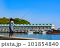 港の堤防で一人で釣りをする少女 101854840