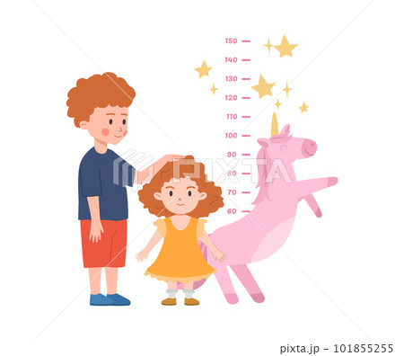 Children measuring height of girl with unicorn wall meter flat style Children measuring height of girl with unicorn wall meter flat style 101855255