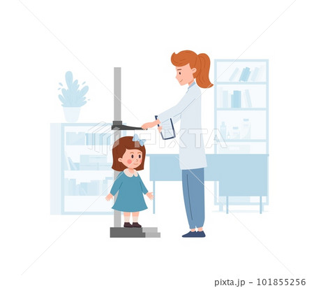 Doctor measuring kid girl's height with special tool flat style 101855256