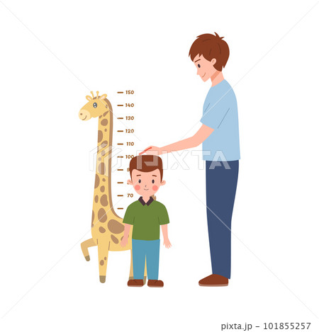 Father measuring height of his son, flat vector illustration isolated on white background. 101855257