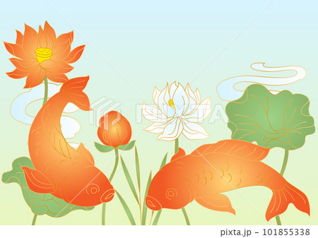 Oriental fish and lotus illustration. Chinese and japanese traditional background. Oriental fish and lotus illustration. Chinese and japanese traditional background. 101855338