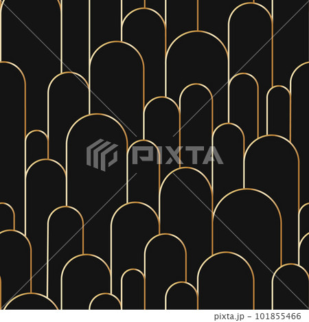 Boho arch seamless pattern. Geometric art deco simple background. Golden circular arc in linear style. Seamless abstract modern geometric pattern. Vector illustration on black background Boho arch seamless pattern. Geometric art deco simple background. Golden circular arc in linear style. Seamless abstract modern geometric pattern. Vector illustration on black background 101855466
