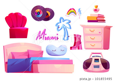 Y2k girl bedroom interior furniture cartoon vector 101855495