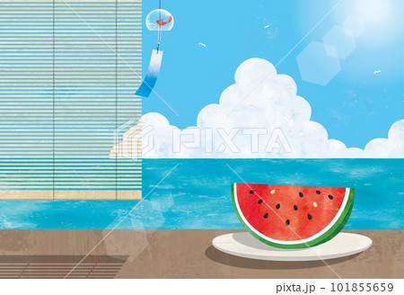 夏の海の風景とスイカとすだれ水彩画 101855659
