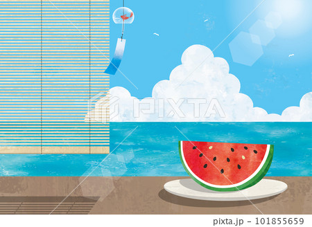 夏の海の風景とスイカとすだれ水彩画 夏の海の風景とスイカとすだれ水彩画 101855659