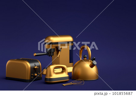 Espresso coffee machine, hand mixer, kettle and toaster on blue background. 101855687