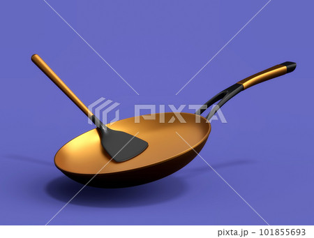 Frying pan with glass lid and silicon solid turner on blue background. Frying pan with glass lid and silicon solid turner on blue background. 101855693