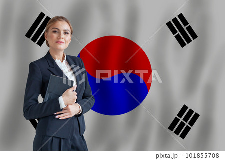 Korean businesswoman on the flag of Korea digital nomad, business, startup concept Korean businesswoman on the flag of Korea digital nomad, business, startup concept 101855708