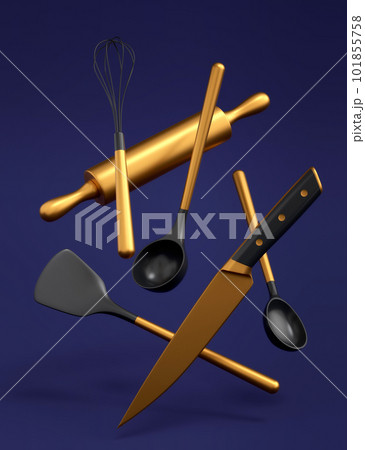 Wooden kitchen utensils, tools and equipment on blue background. 101855758