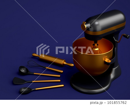 Mixer with kitchen utensil for preparation of dough on blue background 101855762