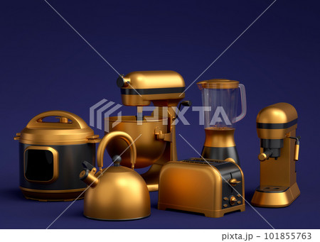 Electric kitchen appliances and utensils for making breakfast on blue background Electric kitchen appliances and utensils for making breakfast on blue background 101855763