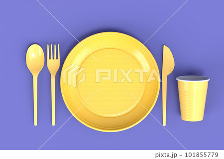 Set of disposable utensils like plate, folk, spoon,knife and cup on monochrome Set of disposable utensils like plate, folk, spoon,knife and cup on monochrome 101855779