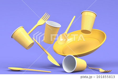 Set of disposable utensils like plate, folk, spoon,knife and cup on monochrome Set of disposable utensils like plate, folk, spoon,knife and cup on monochrome 101855813