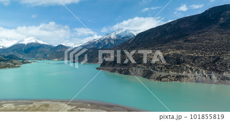 Aerial view of beautiful snow mountains and lake in Tibet,China 101855819