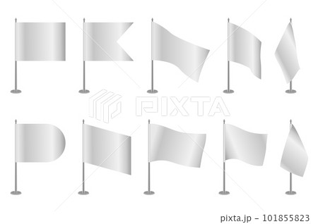 Realistic table flags mega set elements in flat design. Bundle of white flags with different shapes of edges. Empty flagpoles for branding presentation. Vector illustration isolated graphic objects Realistic table flags mega set elements in flat design. Bundle of white flags with different shapes of edges. Empty flagpoles for branding presentation. Vector illustration isolated graphic objects 101855823