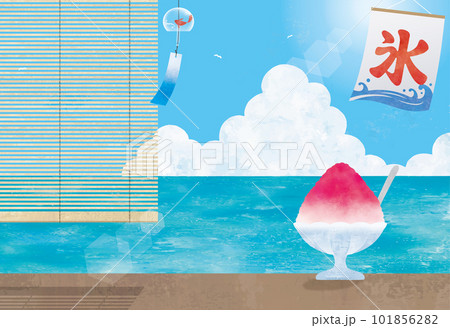 夏の海の風景とかき氷とすだれ水彩画 夏の海の風景とかき氷とすだれ水彩画 101856282