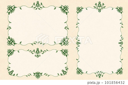 ビンテージで豪華な緑の唐草模様フレームセット サンドベージュ背景 イラスト素材 色違い・差分有 101856432