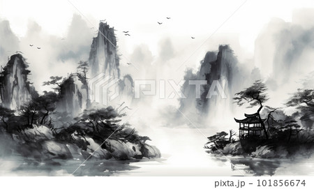 山と川の水墨画イラスト AI画像のイラスト素材 [101856674] - PIXTA