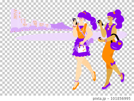 travel_shopping_girl_兩個享受旅行和購物的女人_簡約時尚插畫 101856995