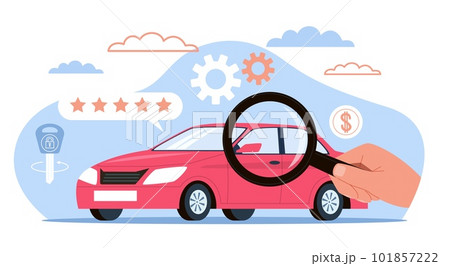 Review and evaluation of condition of car, automobile rating. Hand hold magnifying glass, customers rate with stars. Buying new auto service. Cartoon flat illustration. Vector concept 101857222