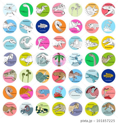 白亜紀の恐竜達の丸いアイコンセット 101857225