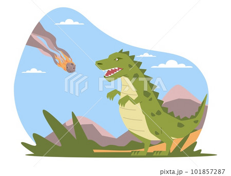 Meteorite falling to Earth and making dinosaurs extinct. Planet evolution. Asteroid explosion. Prehistoric era. Childish book or print. Cartoon flat style isolated dino vector concept 101857287