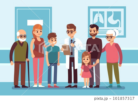 Male family doctor consults with large family. Professional medic staff in clinic or hospital. Pediatrician and therapist for different generation. Cartoon flat isolated vector concept 101857317