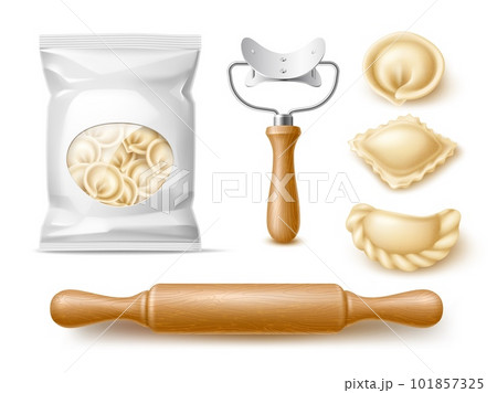 Making dumplings accessories. Realistic packaged product, dough with meat filling, delicious asian and caucasian food, wooden rolling pin, 3d isolated elements blank packaging utter vector set 101857325
