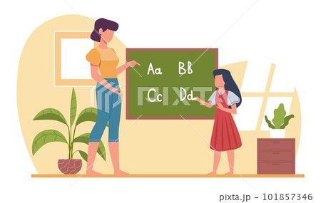 Homeschooling with mom. Girl and mother near black board together. Home education, child learning alphabet. Elementary pupil studying. Homework help cartoon flat isolated vector concept Homeschooling with mom. Girl and mother near black board together. Home education, child learning alphabet. Elementary pupil studying. Homework help cartoon flat isolated vector concept 101857346