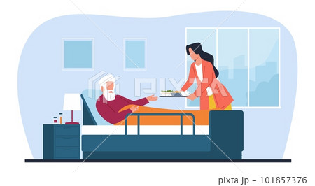 Female caregiver gives food to elderly man in bed, helps disabled man with daily chores. Nurses or volunteers help. Patient in clinic or hospice. Cartoon flat isolated vector concept 101857376