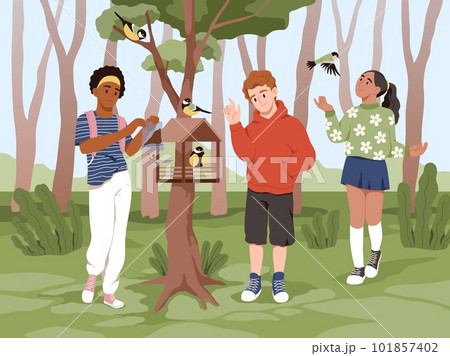 Children feed birds. Happy boys and girls pour food into feeder for titmouses, walk in forest park, wooden birdhouse, teens in modern clothes walking, cartoon flat style tidy vector concept Children feed birds. Happy boys and girls pour food into feeder for titmouses, walk in forest park, wooden birdhouse, teens in modern clothes walking, cartoon flat style tidy vector concept 101857402