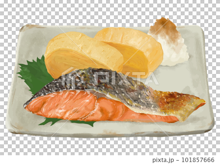 逼真的烤三文魚和玉子燒(菜、蘿蔔泥、紫蘇) 逼真的烤三文魚和玉子燒(菜、蘿蔔泥、紫蘇) 101857666