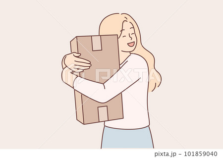 Overjoyed woman hugs cardboard box delivered by courier from online store or postal service Overjoyed woman hugs cardboard box delivered by courier from online store or postal service 101859040