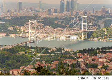 Sunset aerial shot of Istanbul city overlooking Bosphorus strait, with Bosphorus Bridge, Istanbul, Turkey 101859410