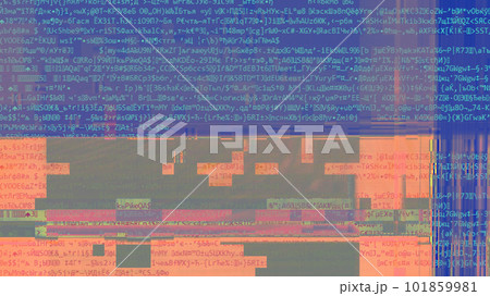 Computer glitch. Program failure. Hacking attack. Blue orange color pixel noise distortion defect on script text abstract illustration background. Computer glitch. Program failure. Hacking attack. Blue orange color pixel noise distortion defect on script text abstract illustration background. 101859981
