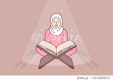 Muslim girl reads holy book quran turning to god allah sits in mosque or religious place for prayer 101860657