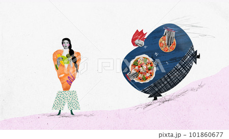Choose your side. Slim, fit girl with healthy food, and overweight girl with junk food. Vegetables against pizza. Contemporary art collage. Choose your side. Slim, fit girl with healthy food, and overweight girl with junk food. Vegetables against pizza. Contemporary art collage. 101860677