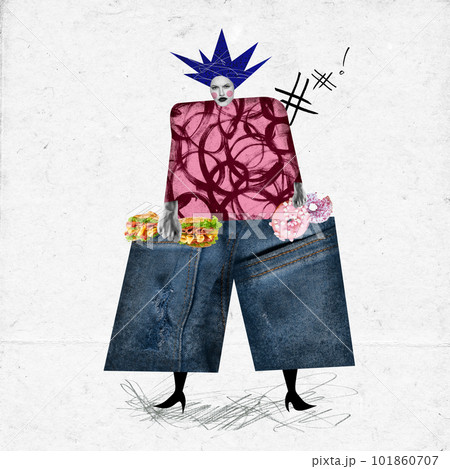 Woman in giant drawn clothes, holding sandwiches and donuts, junk and sweets food eating and overweight problems. Contemporary art collage. Woman in giant drawn clothes, holding sandwiches and donuts, junk and sweets food eating and overweight problems. Contemporary art collage. 101860707