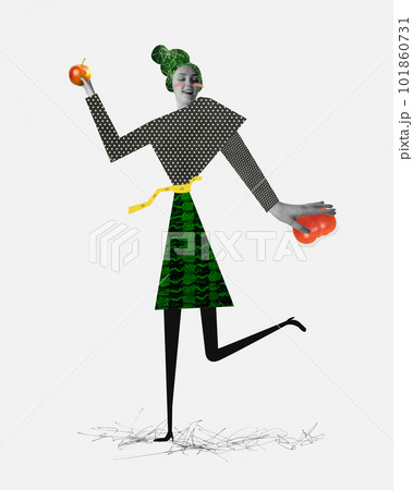 Slim, smiling woman taking care after health and body shape with organic, healthy diet, eating fresh vegetables and fruits. Contemporary art collage. 101860731